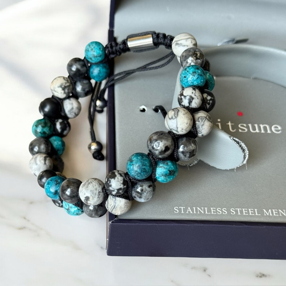 Maison Kitsune Bracelet Black Stainless Steel Stone Beads Boho Men's Jewelry
